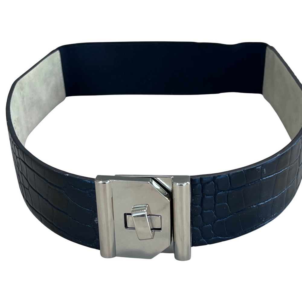 Chicos Womens Navy Blue Croc Embossed Elastic Waist Belt Silver Turnlock Small